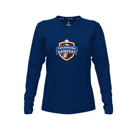 [CUS-DFW-TEES-CMF-VNK-LSL-NVY-FYXS-LOGO1] Decker Comfort T-Shirt (Female Youth XS, Navy, V Neck, Logo 1, Long Sleeve)