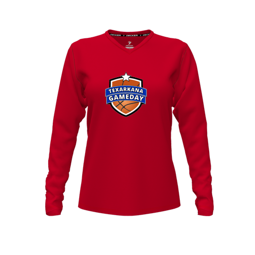 [CUS-DFW-TEES-CMF-VNK-LSL-RED-FYXS-LOGO2] Decker Comfort T-Shirt (Female Youth XS, Red, V Neck, Logo 2, Long Sleeve)