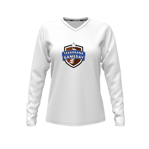 [CUS-DFW-TEES-CMF-VNK-LSL-WHT-FYXS-LOGO1] Decker Comfort T-Shirt (Female Youth XS, White, V Neck, Logo 1, Long Sleeve)