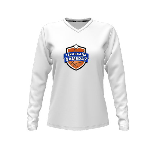 [CUS-DFW-TEES-CMF-VNK-LSL-WHT-FYXS-LOGO2] Decker Comfort T-Shirt (Female Youth XS, White, V Neck, Logo 2, Long Sleeve)