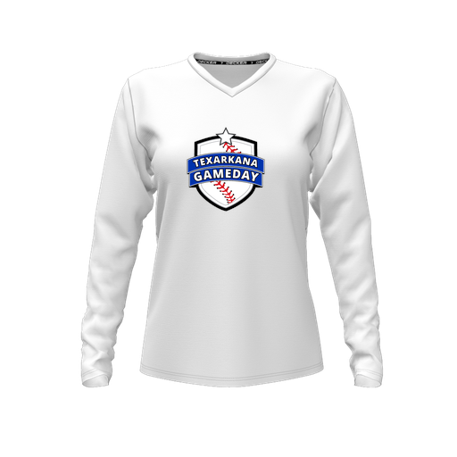 [CUS-DFW-TEES-CMF-VNK-LSL-WHT-FYXS-LOGO3] Decker Comfort T-Shirt (Female Youth XS, White, V Neck, Logo 3, Long Sleeve)