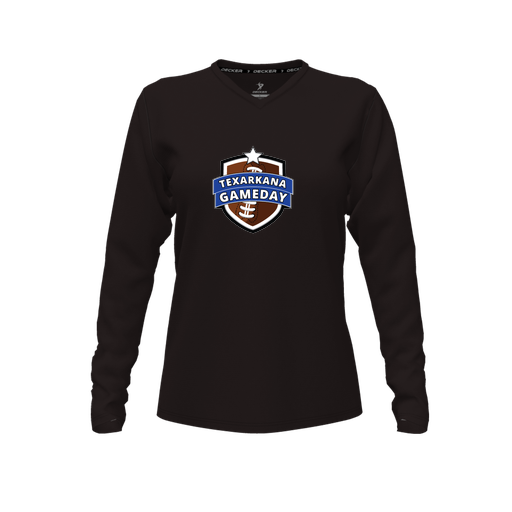 [CUS-DFW-TEES-CMF-VNK-LSL-BLK-FYXS-LOGO1] Decker Comfort T-Shirt (Female Youth XS, Black, V Neck, Logo 1, Long Sleeve)