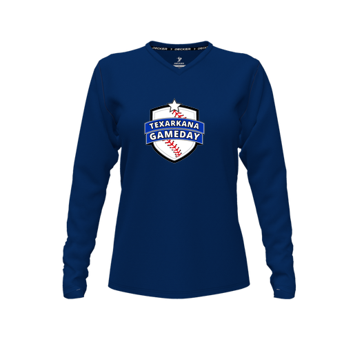 [CUS-DFW-TEES-CMF-VNK-LSL-NVY-FYXS-LOGO3] Decker Comfort T-Shirt (Female Youth XS, Navy, V Neck, Logo 3, Long Sleeve)