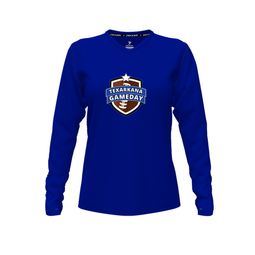 [CUS-DFW-TEES-CMF-VNK-LSL-RYL-FYXS-LOGO1] Decker Comfort T-Shirt (Female Youth XS, Royal, V Neck, Logo 1, Long Sleeve)