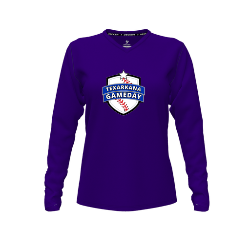 [CUS-DFW-TEES-CMF-VNK-LSL-PUR-FYXS-LOGO3] Decker Comfort T-Shirt (Female Youth XS, Purple, V Neck, Logo 3, Long Sleeve)