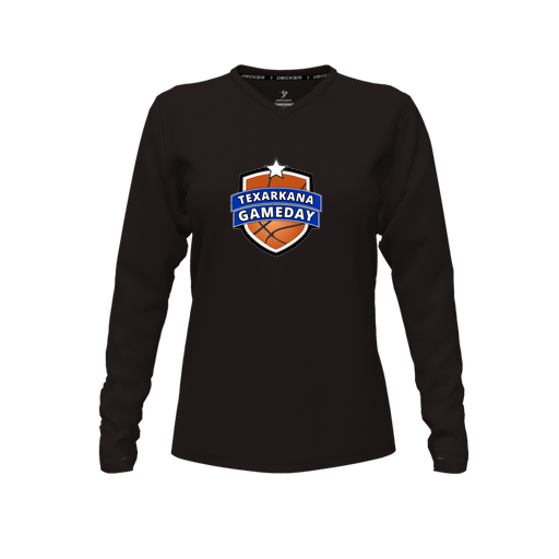 [CUS-DFW-TEES-PER-VNK-LSL-BLK-FYXS-LOGO2] Decker Performance T-Shirt (Female Youth XS, Black, V Neck, Logo 2, Long Sleeve)