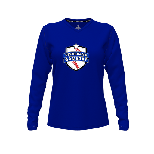 [CUS-DFW-TEES-PER-VNK-LSL-RYL-FYXS-LOGO3] Decker Performance T-Shirt (Female Youth XS, Royal, V Neck, Logo 3, Long Sleeve)