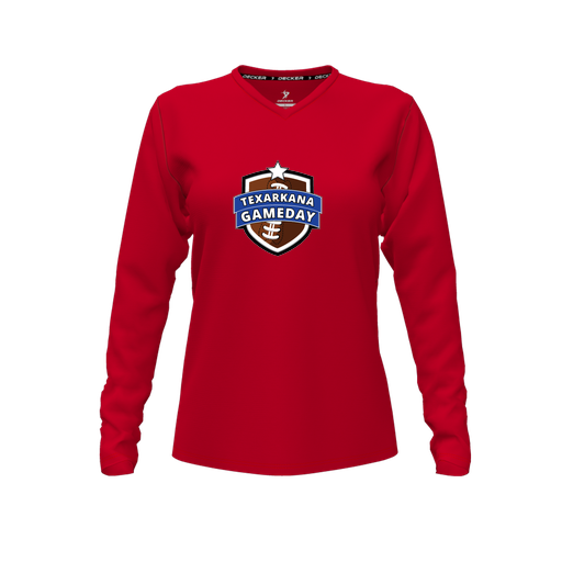[CUS-DFW-TEES-PER-VNK-LSL-RED-FYXS-LOGO1] Decker Performance T-Shirt (Female Youth XS, Red, V Neck, Logo 1, Long Sleeve)
