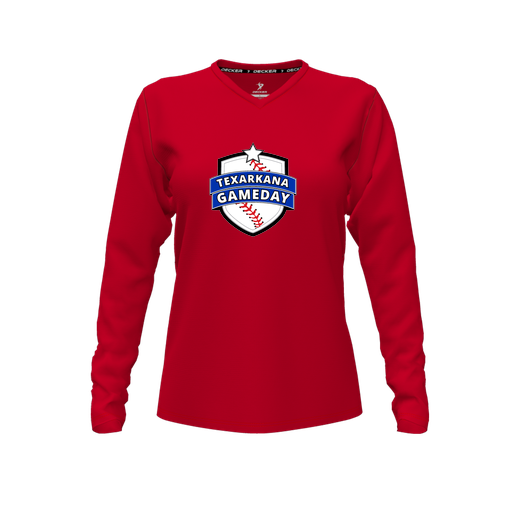 [CUS-DFW-TEES-PER-VNK-LSL-RED-FYXS-LOGO3] Decker Performance T-Shirt (Female Youth XS, Red, V Neck, Logo 3, Long Sleeve)