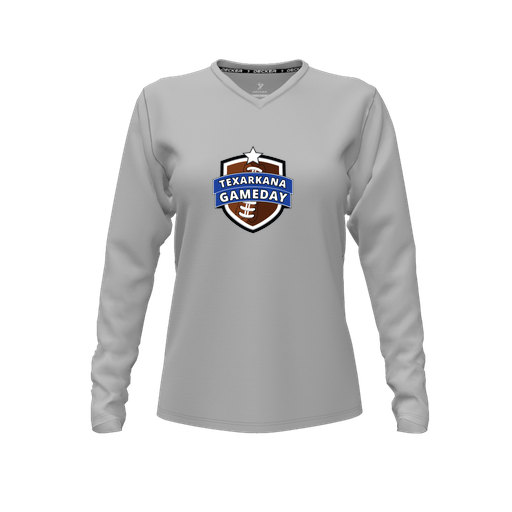 [CUS-DFW-TEES-PER-VNK-LSL-GRY-FYXS-LOGO1] Decker Performance T-Shirt (Female Youth XS, Gray, V Neck, Logo 1, Long Sleeve)