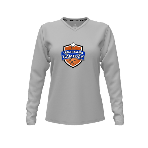[CUS-DFW-TEES-PER-VNK-LSL-GRY-FYXS-LOGO2] Decker Performance T-Shirt (Female Youth XS, Gray, V Neck, Logo 2, Long Sleeve)