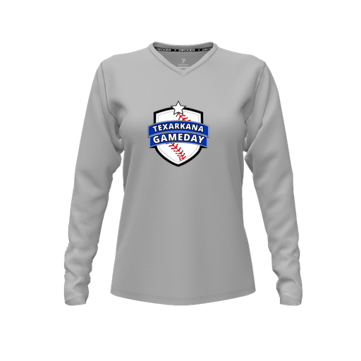 [CUS-DFW-TEES-PER-VNK-LSL-GRY-FYXS-LOGO3] Decker Performance T-Shirt (Female Youth XS, Gray, V Neck, Logo 3, Long Sleeve)