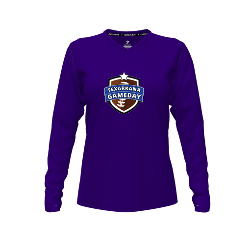 [CUS-DFW-TEES-PER-VNK-LSL-PUR-FYXS-LOGO1] Performance T-Shirt (Female Youth XS, Purple, V Neck, Logo 1, Long Sleeve)